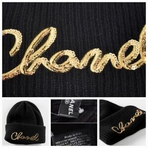 CHANEL Black Knit Hat with Gold Sequin Logo